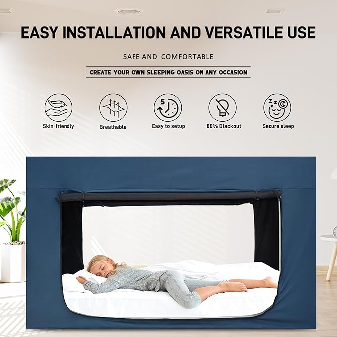 Bed Tent Bed Canopy Full Size Tents for Adult and Kids - Portable Sleeping Bed Tents 80% Blackout with 4 Doors Breathable Private Space Tents(Mattress Not Included)