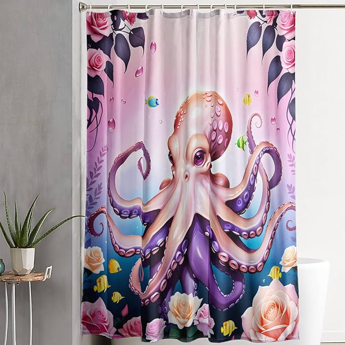 AILONEN Cartoon Pink Octopus Shower Curtain for Bathroom,Octopus Tentacles with Rose Bath Curtain for Kids,Girls,Ocean Animal Theme Waterproof Fabric Shower Curtain Set with Hooks,48" W*72" H