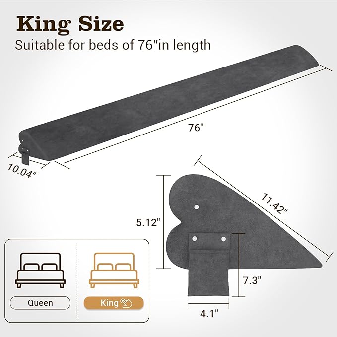 Heart-Shaped Bed Wedge Pillow for Headboard Gap with Adjustable Pocket, Grey Bed Gap Filler (0-8"), Headboard Bed Pillow Wedge, Mattress Gap Filler Queen(76"x10"x5")