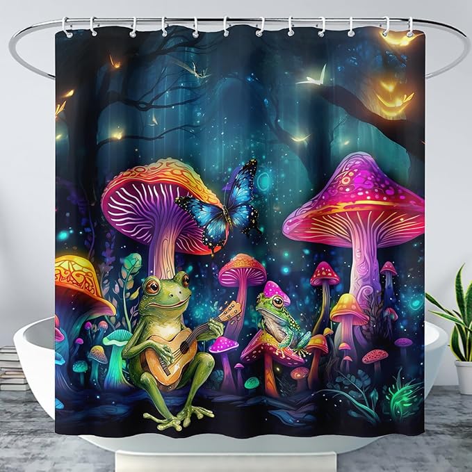 AILONEN Cartoon Frog Shower Curtain,Guitar Frog Fabric Shower Curtains for Bathroom,Magic Mushroom Weighted Polyester Cloth Bath Curtain Set,Mysterious Butterfly Bathroom Curtain,60" W*72" H