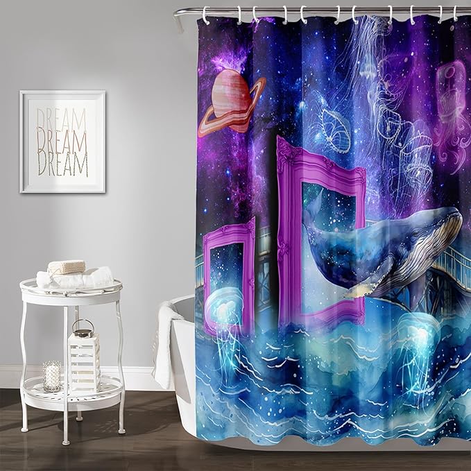 AILONEN 3D Whale Shower Curtains,Purple Galaxy Bath Curtains,Ocean Jellyfish Curtains for Kids Girls,Polyester Waterproof for Bathroom with 12 Hooks,72" W*72" H Purple