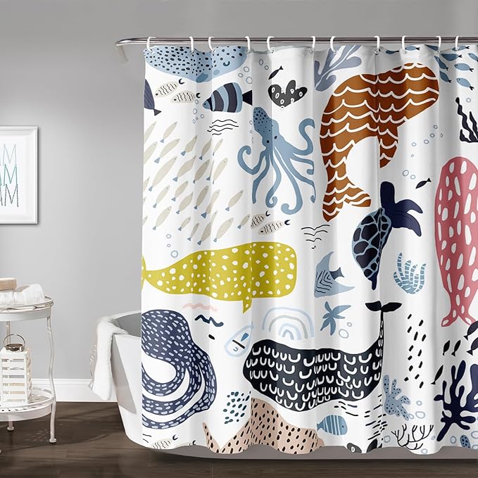 AILONEN Cartoon Dolphin Shower Curtain for Kids 72" W*78" H Inch,Colorful Whales Octopuses Pattern Shower Curtain,Marine Life Theme 12 Pack Hooks Polyester Waterproof Fabric Decor for Bathroom