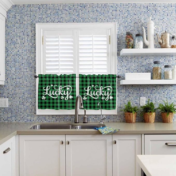 St. Patrick's Day Buffalo Plaid Kitchen Curtains and Valances Set, Lucky Shamrocks Clover Window Tiers Rustic Green Black Half/Short Curtains for Small Windows Cafe /Living Room/ Bedroom 54x 36 in