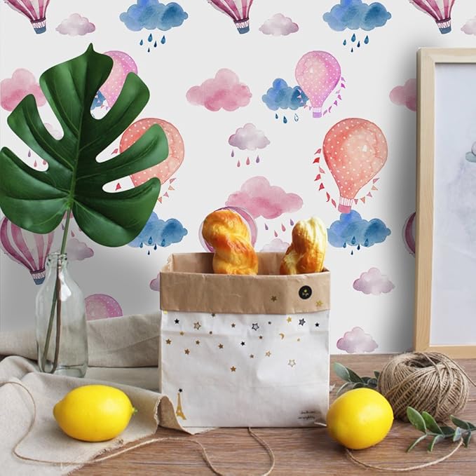 Removable 15.8 x 98.4inch Rainbow 3D Hot Air Ballon and Clouds Wall Decals DIY Wallpaper Wall Stickers Murals Decor for Kids Babys Girls Bedroom Teens Nursery Living Room Door Desk Decoration (Ballon)