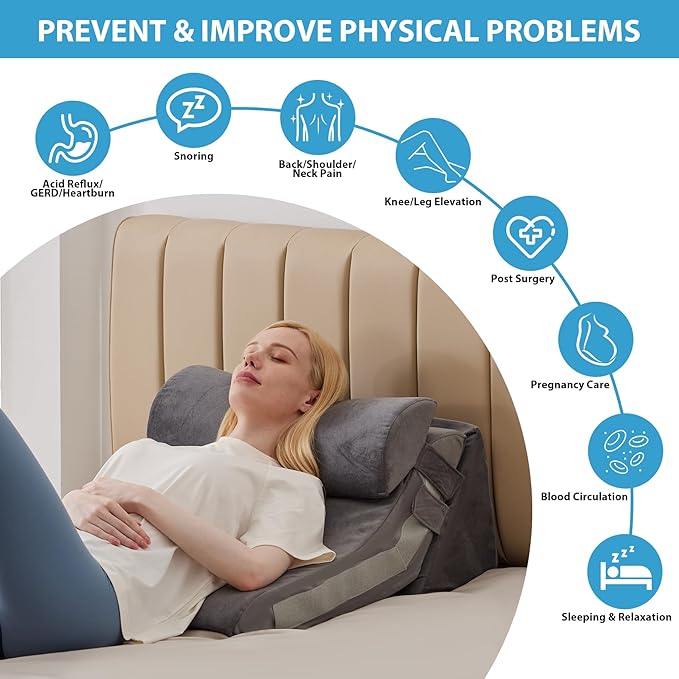 3PCS Bed Wedge Pillow for Sleeping, Adjustable Memory Foam Wedge Pillow for Back Leg Pain Relief, 23” Wide Triangle Pillow Wedge for Post Surgery, Acid Reflux, GERD & Snoring, Grey