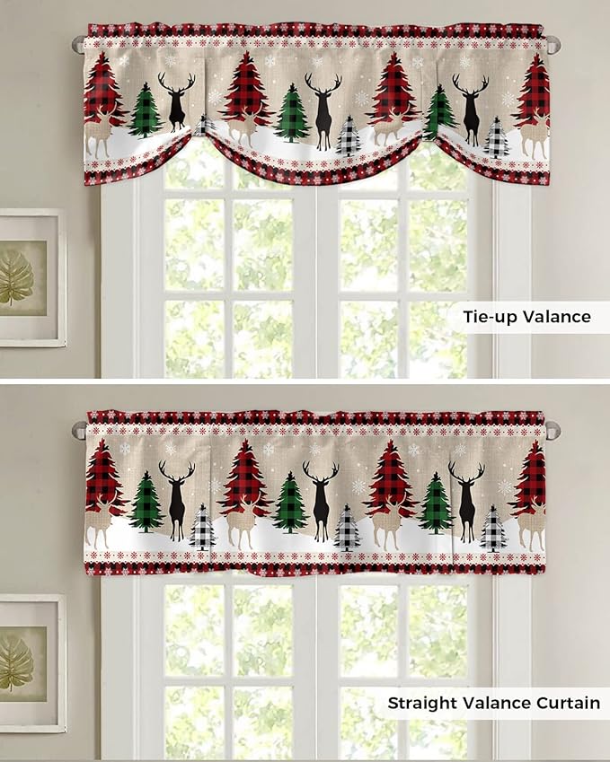 Farmhouse Christmas Blackout Tie Up Valance Curtains for Kitchen Windows Rustic Plaid Christmas Tree Snowflakes Window Toppers Balloon Shades for Living Room/Bathroom/Bedroom,42" X 18" Red Green Black