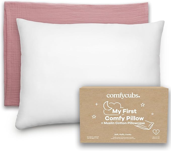 Comfy Cubs Toddler Pillow with Soft Muslin Pillowcase, 13"x18", Mauve - Kids Pillow for Sleeping & Travel - Adorable & Comfortable Small Pillow - Kids Travel Pillow with Breathable Microfiber Fill
