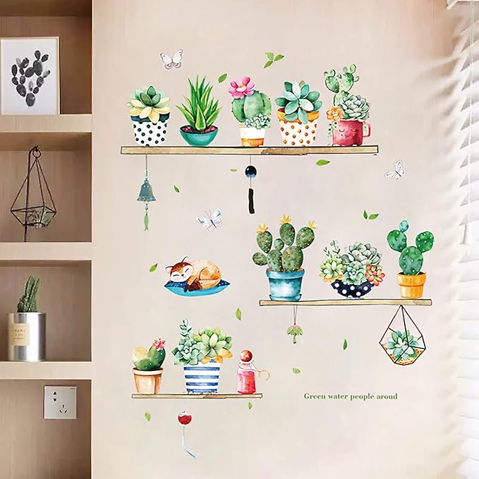 Green Cactus Potted Wall Decals Tropical Plants Wall Stickers DIY Peel and Stick Art Murals, Art Decorations Decor for Kids Bedroom Kitchen Office Girl Room