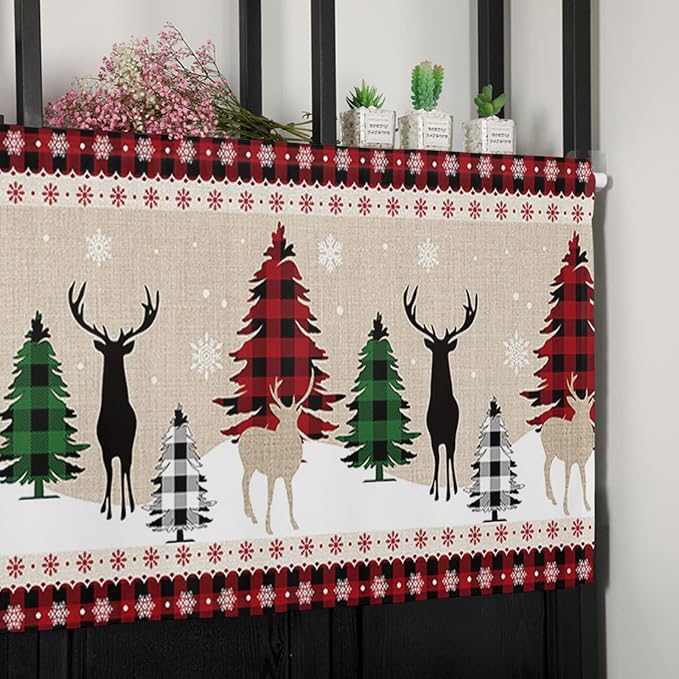 Farmhouse Christmas Kitchen Curtains Valances for Windows Rustic Plaid Christmas Tree Snowflakes Rod Pocket Short Curtain for Kitchen /Living Room/Bedroom/ Bathroom,60" X 18" -1 Panel, Red Green Black