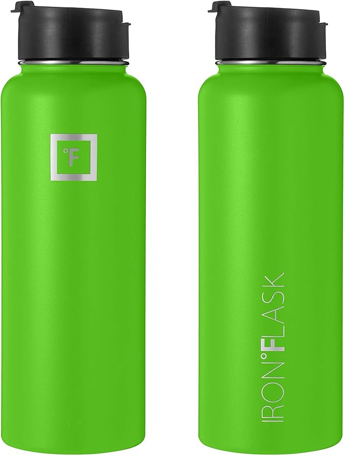 IRON °FLASK Sports Water Bottle - Wide Mouth with 3 Straw Lids - Stainless Steel Gym & Outdoor Bottles for Men, Women & Kids - Double Walled, Insulated Thermos, Metal Canteen - Kiwi Green, 40 Oz