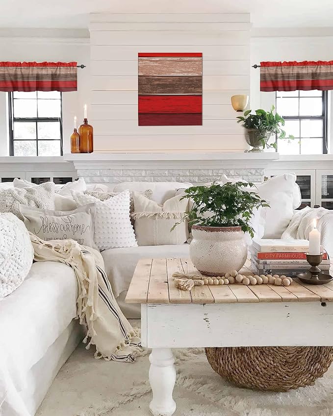 Farmhouse Kitchen Curtains Valances for Windows , Christmas Red Brown Rod Pocket Country Window Treatment for Kitchen /Living Room/Bedroom/ Bathroom,42" X 12" -1 Panel, Retro Rustic Barn Wood Texture