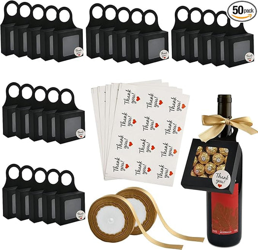 50 Pcs Wine Bottle Box with Window,Hanging Foldable Wine Boxes for Gifts, Kraft Paper Empty Bottle Hanger Box with Thank You Stickers and Champagne Ribbon for Candy Chocolate Cookies(Black)