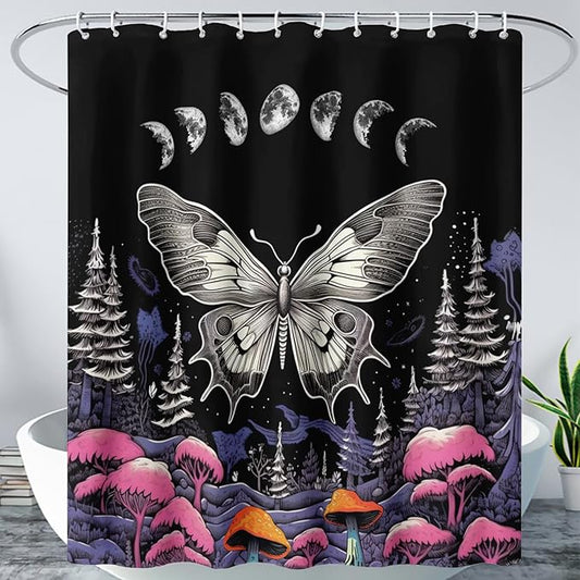 AILONEN Moth Shower Curtain for Kids Girls Boys, Boho Sun Moon with Mushroom Shower Curtains for Bathroom,Natural Plants Shower Curtain Set with Hooks,72" W*78" H