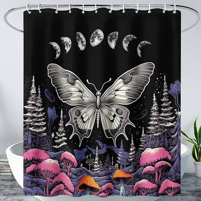 AILONEN Moth Shower Curtain for Kids Girls Boys, Boho Sun Moon with Mushroom Shower Curtains for Bathroom,Natural Plants Shower Curtain Set with Hooks,72" W*96" H