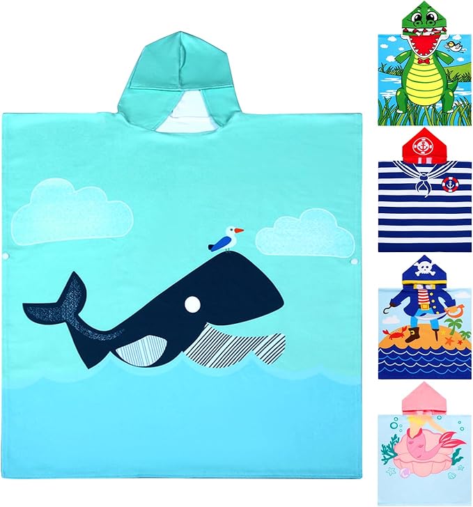 Kids Whale Hooded Beach Towel Boys Girls Cute Poncho Beach Pool Towels with Hood 24*62" Soft Microfiber Swim Cover-ups for Kids Ages 3-10 Thick Absorbent Cotton Hooded Bath Towels Bathrobe