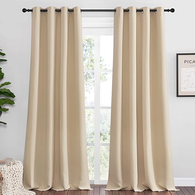 NICETOWN Bedroom Room Darkening Curtains, Biscotti Beige, 1 Pair, 55 inches by 108 Inch, Triple Weave Microfiber Grommet Top Thermal Insulated Solid Room Darkening Panels/Drapes for Kid's Room