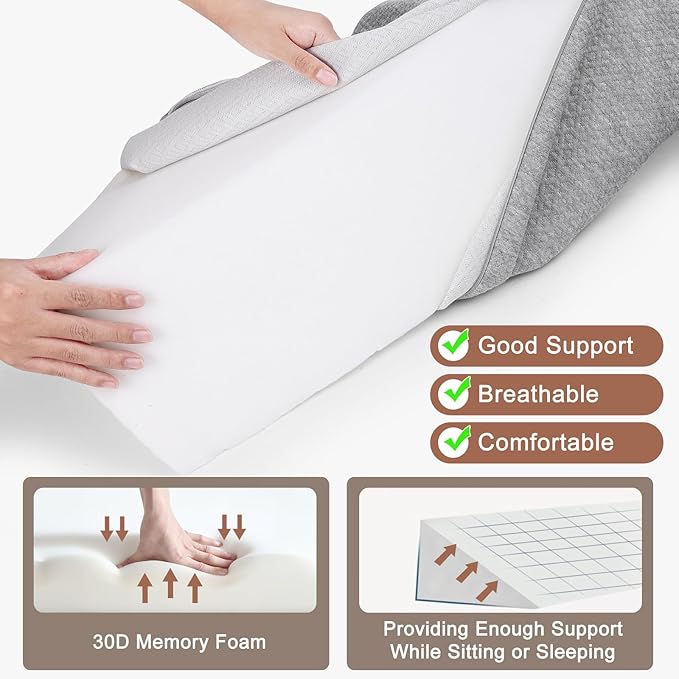 VVZ Bed Gap Filler Queen Bed Wedge Pillow for Headboard Gap Mattress Gap Filler Triangle Pillow Wedge for Headboard Gap, 30D Memory Foam Wedge Pillow Stopper with 2 Side Big Pocket (60"×10"×6")