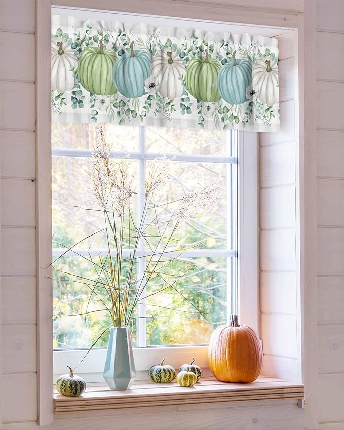 Fall Thanksgiving Kitchen Curtains Valances for Windows Autumn Pumpkins Eucalyptus Leaves Rod Pocket Window Treatment for Kitchen /Living Room/Bedroom/ Bathroom, 42" X 12", White Blue Green Gray Plaid