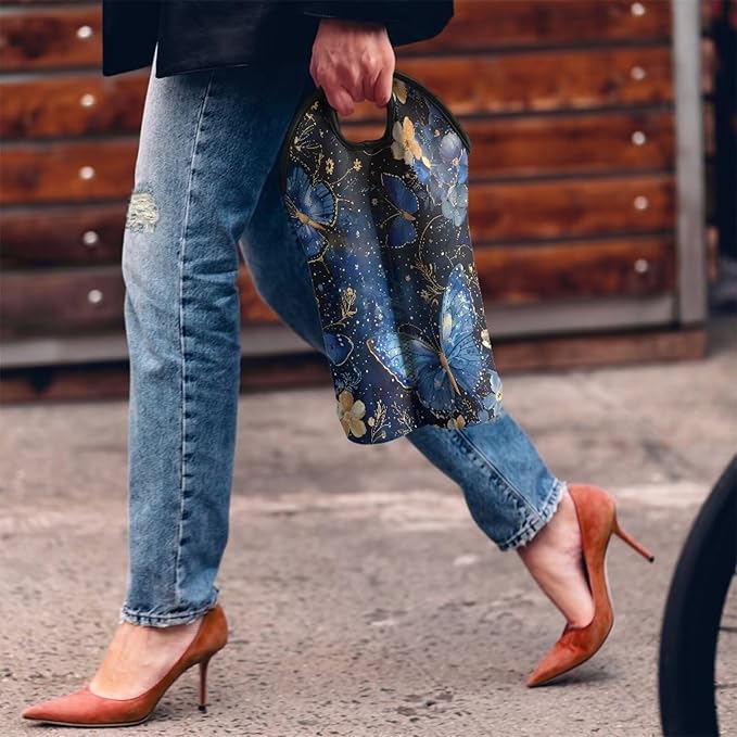 doginthehole Neoprene Wine Tote 2 Bottle Aesthetic Blue Butterfly Floral Wine Carrier Bag with Carry Handle for Travel, Portable Wine/Champagne/Beer/Water Bottle Carrier Bag