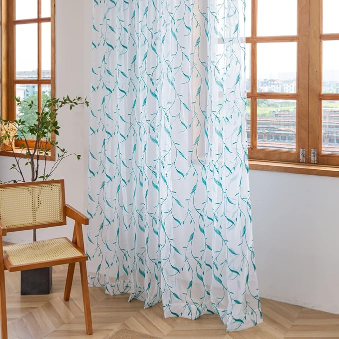 Windows Sheer Curtains Embroider Green Leaf 72 Inches Length 2 Panels Voile Light Filtering Sheer Curtains Panel Basic Rod Pocket for Bedroom Living Room Children Room