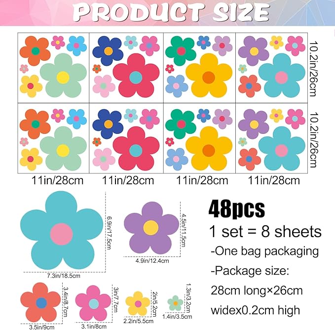 Amaonm 12 Sheets Large Daisy Wall Decals DIY Boho Sunflower Wall Stickers Peel and Stick Colorful ins Daisy Floral Wall Decor for Nursery Little Girls Teens Bedroom Living Room (8 Sheets of 48pcs)