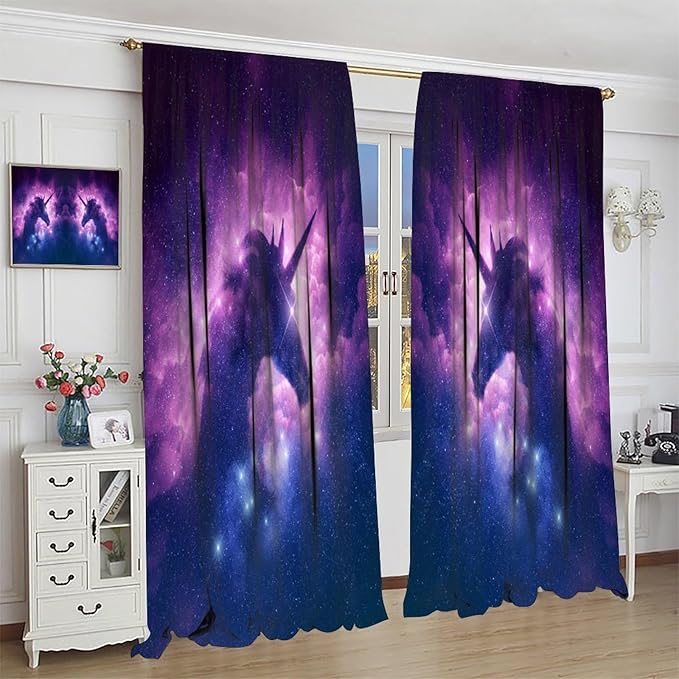 Unicorn Curtains Children's Cartoon Starry Sky Theme Unicorn Pattern Curtains Star Galaxy Boys Girls Room Blackout Curtains 42x54 Inch 2 Panels