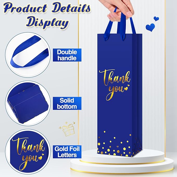 Ctosree 30 Pcs Wine Gift Bag for Wine Bottle Wedding Wine Thank You Gift Bag with Metallic Gold Foil Print Kraft Wine Paper Favor Bag with Attractive Rope Handle for Graduation Bottle(Royal Blue)