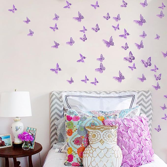 SAOROPEB 3D Butterfly Wall Decor 48 Pcs 4 Styles 3 Sizes, Purple Butterfly Decorations for Birthday Decorations Butterfly Party Decorations Cake Decorations, Removable Stickers (Purple)