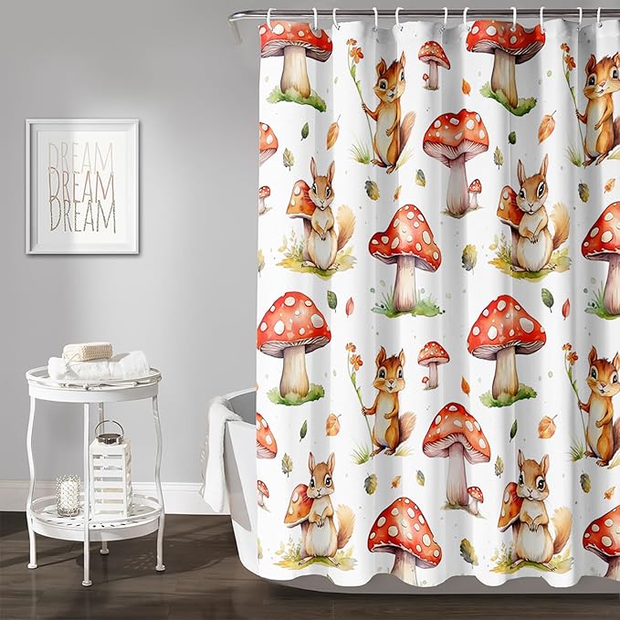 AILONEN Cartoon Mushroom Shower Curtain for Kids Girls Boys, Kawaii Squirrels with Red Mushroom Shower Curtains for Bathroom,Cute Animal Shower Curtain Set with Hooks,48" W*72" H