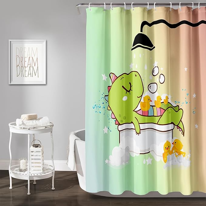 AILONEN Cartoon Shower Dinosaur Shower Curtain for Kids,Funny Green Dinosaur Shower Curtain Set with Hooks,72" W*72" H