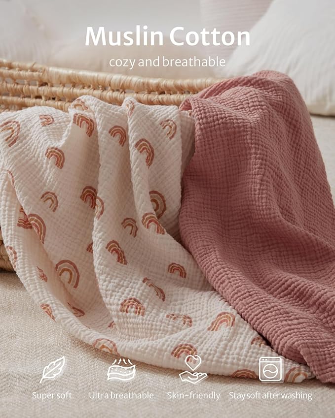 Blissful Diary Muslin Crib Sheets for Girl Boy, Boho Neutral Soft Cotton Baby Sheet for 52''x28'' Standard Crib Mattress, 2 Pack(Dusty Pink&Rainbow)