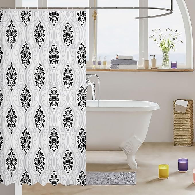Feelyou Damask Pattern Shower Curtain 72"x78" Kids Vintage Floral Bathroom Shower Curtain Set for Boys Girls Teens Antique Victorian Baroque Bath Curtain Black White Baroque Style Bathroom Accessories