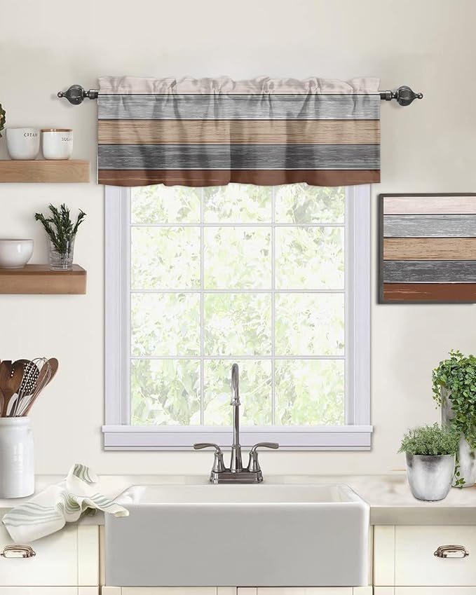 Farmhouse Fall Kitchen Curtains Valances for Windows ,Brown Grey Rod Pocket Country Window Treatment for Kitchen /Living Room/Bedroom/ Bathroom,60" X 18" -1 Panel, Retro Rustic Barn Wood Texture
