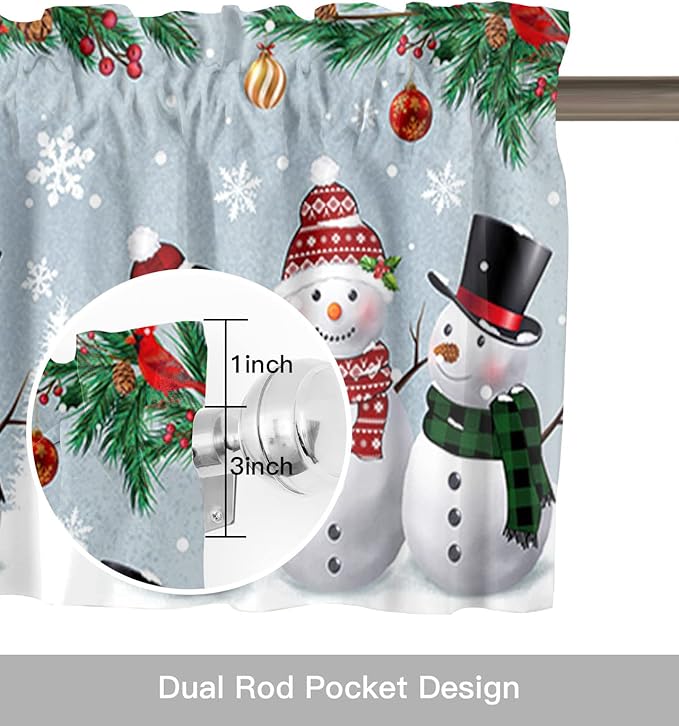 Christmas Kitchen Curtains Valances for Windows Snowman Cardinal Rod Pocket Window Treatment for Kitchen/Living Room/Bedroom/Bathroom,42" X 18" -1 Panel, Bluish Grey Winter Holiday