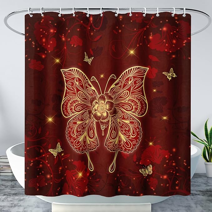 AILONEN Rose Butterfly Waterproof Curtain,Red and Gold Butterfly Floral Bath Curtain,Modern Chic Flower Polyester Fabric Red Curtain with 12 Plastic Hooks, 72" W x 96" H
