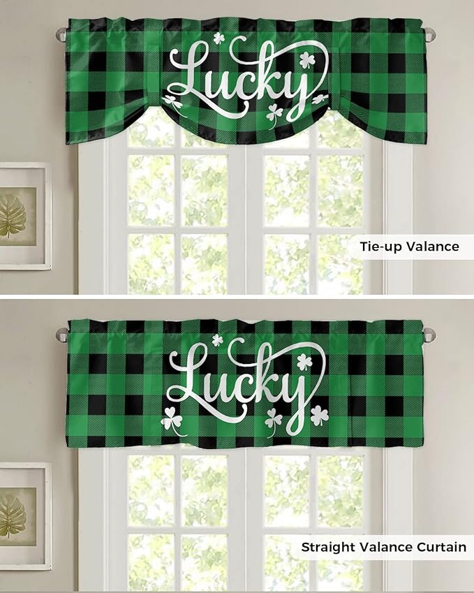 St. Patrick's Day Buffalo Plaid Blackout Tie Up Valance Curtains for Kitchen Windows Lucky Shamrocks Clover Window Toppers Balloon Shades for Living Room/Bathroom/Bedroom,1 Panel, 42" X 12",Green