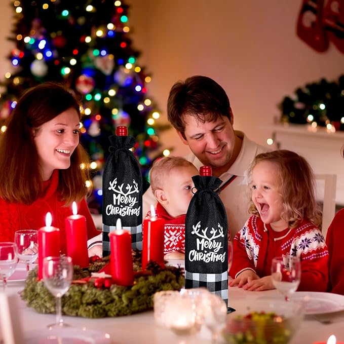 Patelai 12 Pieces Christmas Wine Bottle Bags Wine Bottle Sweater Dress Christmas Wine Sleeve Burlap Santa Bottle Covers Plaid Drawstring Bottle Bags for Xmas Dining Table (Black White)