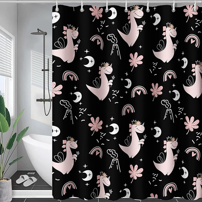 AILONEN Cute Dinosaur Shower Curtain,Cartoon Dinosaur Bath Curtain Gifts for Kids,Polyester Waterproof for Bathroom, 72" W*96" H with 12 Plastic Hooks