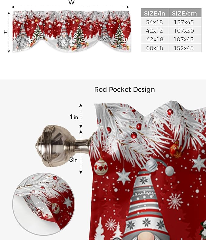 Christmas Gnome Blackout Tie Up Valance Curtains for Kitchen Windows Winter Merry Christmas Tree Balls Window Toppers Balloon Shades for Living Room/Bathroom/Bedroom,1 Panel, 42" X 12", Red