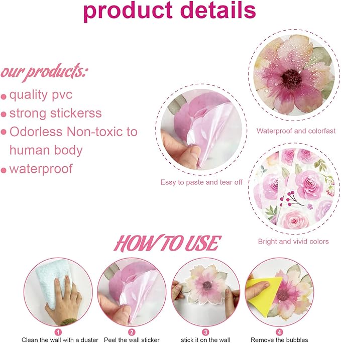 Pink Flower Wall Decals - Flower Peel and Stick Wall Stickers Vinyl Peony Floral Wall Stickers Pastel Flower Decor for Girls Bedroom Nursery Classroom Living Room (Pink Flower)