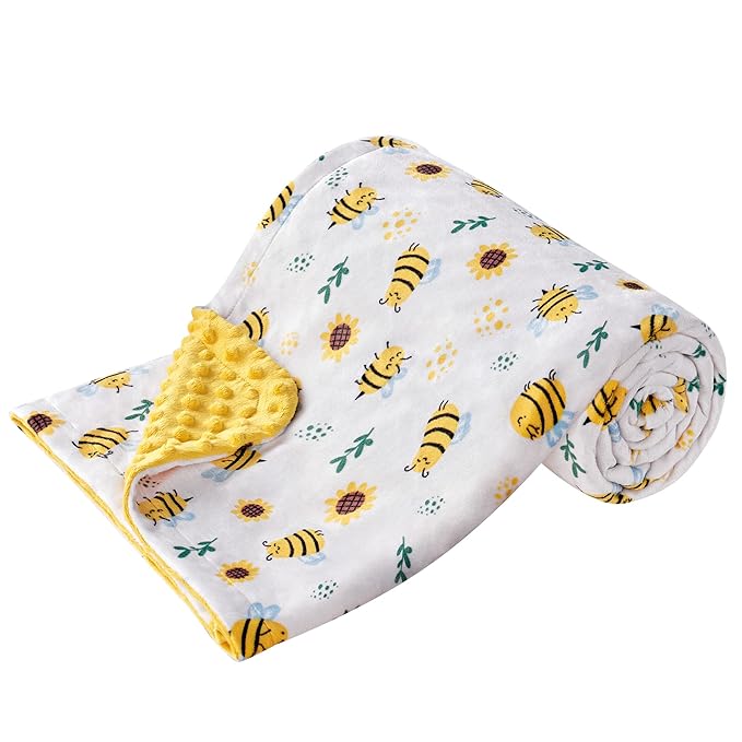 DaysU Silky Micro Soft Plush Baby Blankets Unisex with Print Animal Pattern and Soothing Raised Dots, Double Layer Bed Throws for Toddler Cot, Bee, Yellow, 50x60 Inches