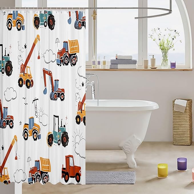 Feelyou Excavator Bathroom Shower Curtain Set Construction Vehicles Bath Curtain Equipment Trucks Shower Curtain Cartoon Car Kids Bathroom Accessories 72"x72"
