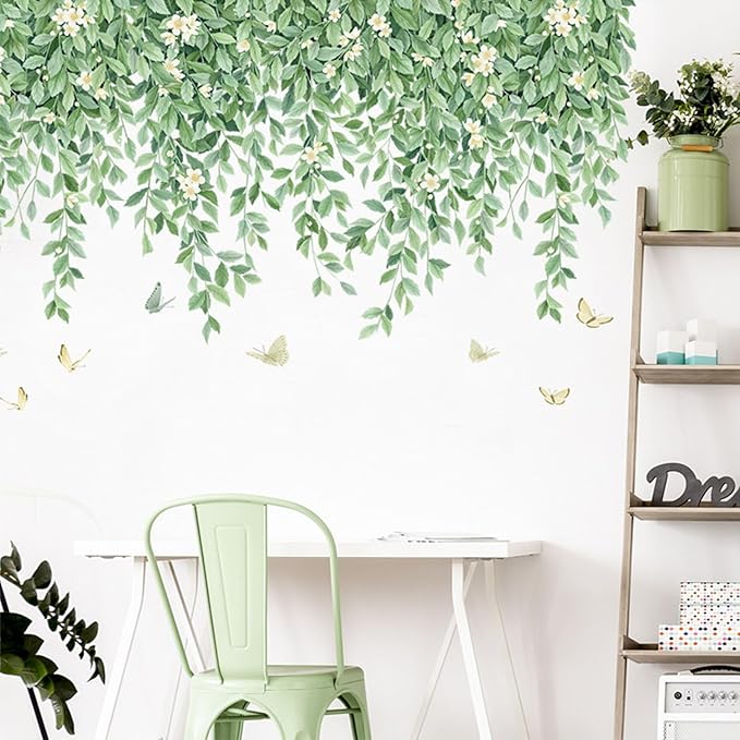 Green Plant Wall Stickers Hanging Vines Wall Decals Leaves Flower Wall Stickers Bedroom Living Room Sofa TV Background Wall Decor