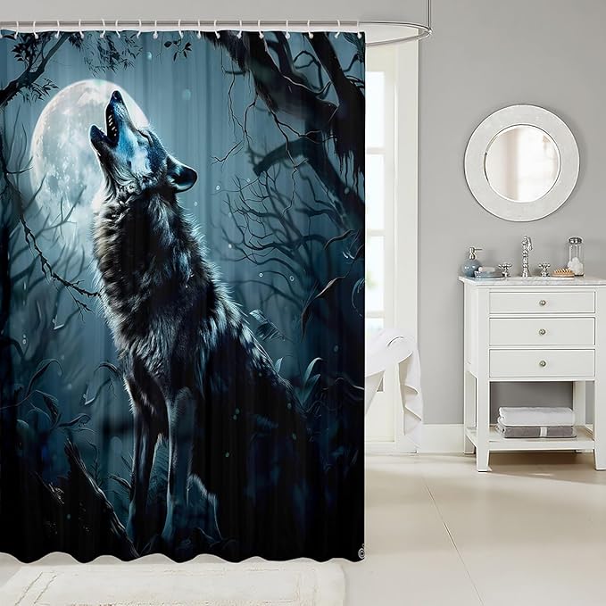 Feelyou Wolf Bath Curtain Wolves Howling Shower Curtain for Kids Lonely woles Bathroom Shower Curtain Set Animal Wolves Kids Bathroom Accessories 72"x78"