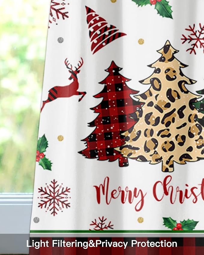 Merry Christmas Kitchen Curtains Valances for Windows Farm Christmas Tree Buffalo Plaid Leopard Rod Pocket Window Treatment for Kitchen/Living Room/Bedroom/Bathroom,42" X 18" -1 Panel, Holiday Decor