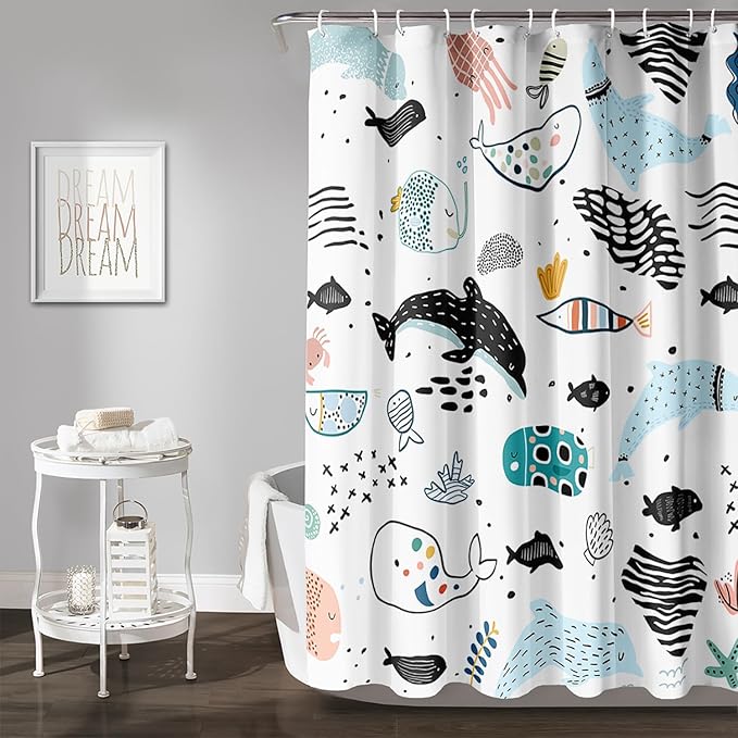 AILONEN Cute Cartoon Dolphin Shower Curtain,Kawaii Ocean Animal Dolphin Bath Curtain Set for Kids Girls Boys,Blue Dolphin Silhouette Fabric Shower Curtains for Bathroom, 72" W*96" H
