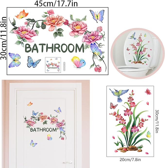 2 Sets Bathroom Decor Wall Stickers, Peony Roses Wall Stickers Floral Wall Decals, Watercolor Flowers Lily Daisy Butterfly Dragonfly Bird Wall Stickers for Bathroom Bedroom Living Room