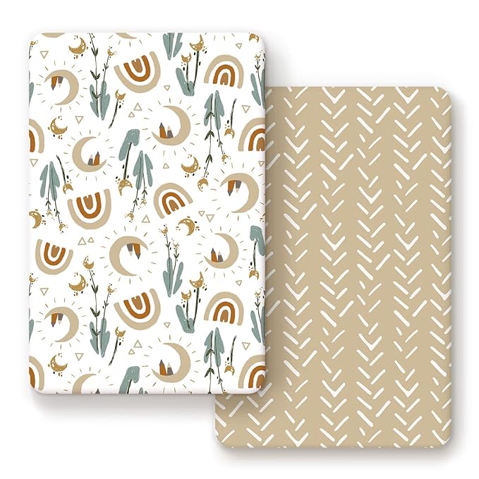 GRSSDER Stretchy Ultra Soft Jersey Knit Fitted Pack n Play Sheets Set 2 Pack, Portable/Mini Cribs Sheets for Girls and Boys, Rainbow Creative Painting Pattern