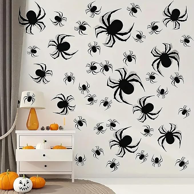 Halloween Wall Stickers 24Pcs Spider Wall Decor 3D Self Adhesive Halloween Wall Decals Horror Black Spiders Wall Decorations Reusable Window Stickers for Halloween Party Home Room Art DIY Accessories