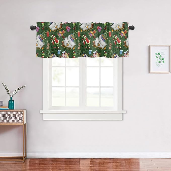 Merry Grin-chmas Christmas Window Valance for Kitchen Living Room, Retro Style Window Curtain for Bedroom, Christmas Grin-ch Window Valance Rod Pocket Window Treatment, Christmas Decors, 54" W x 18" L